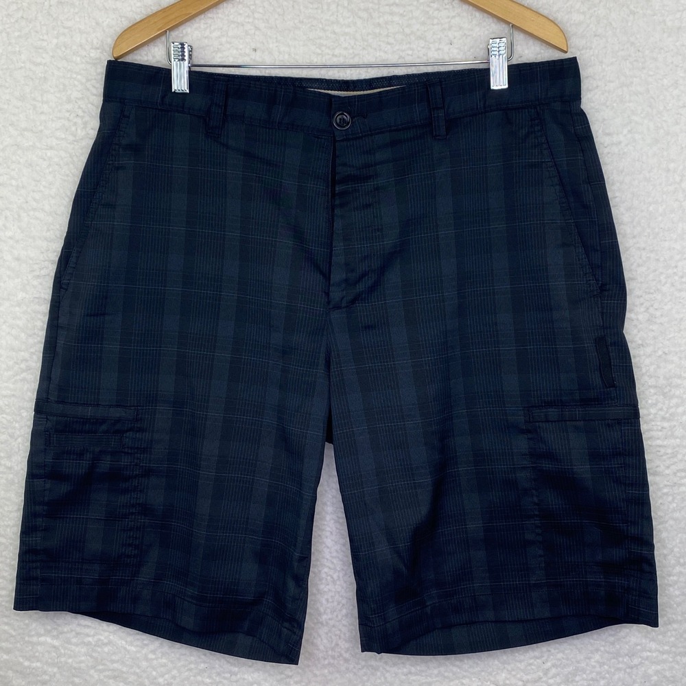 Greg Norman Mens Plaid Golf Shorts Black Grey Performance Cargo Pockets Size 36
